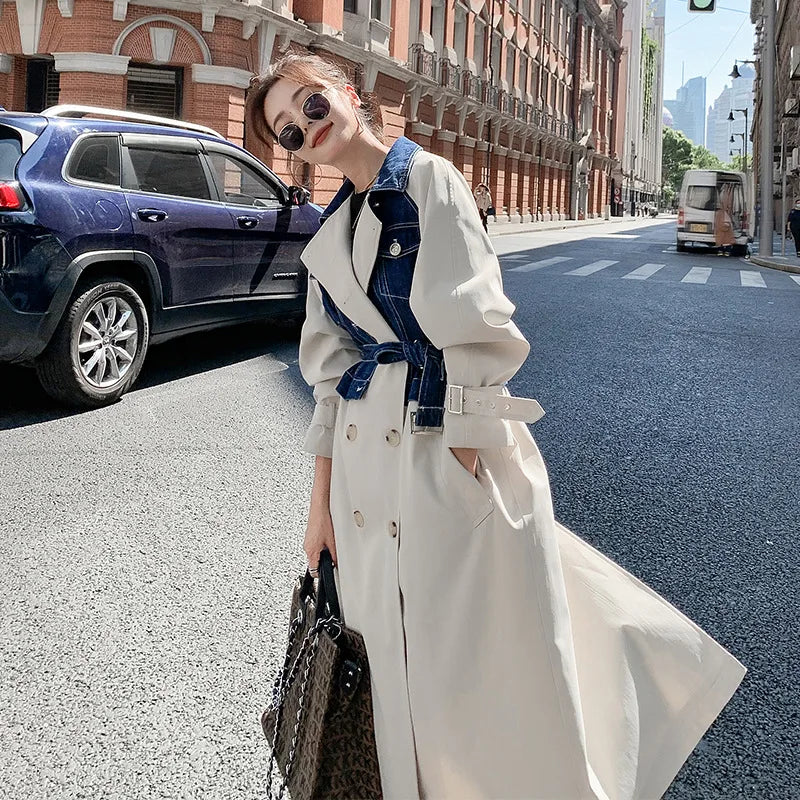 GALCAUR Colorblock Fashion Spliced Double Breasted Trench for Women Lapel Long Sleeve Patchwork Pockets Coat Female Clothing New