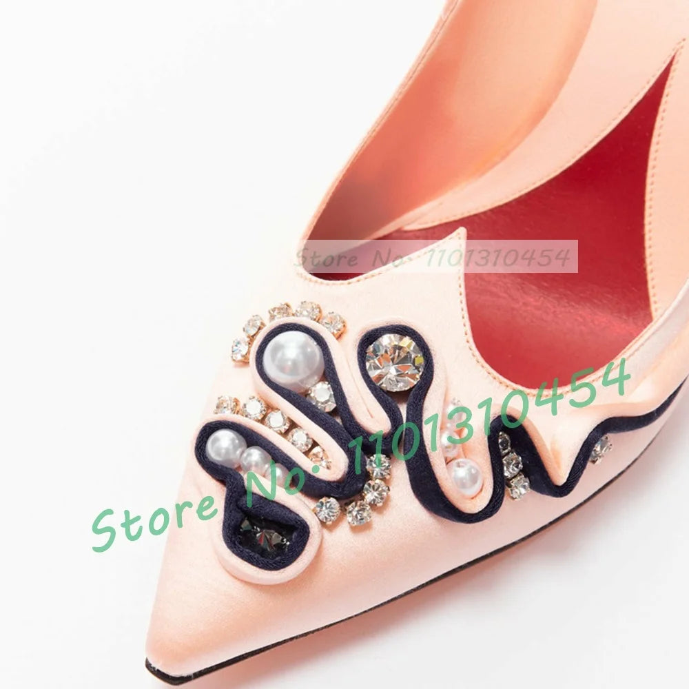 Bow-embellished Satin Pumps Women Pointy Toe Luxury Pearl Crystal Ruffle Decals Shoes Ladies Elegant Dreamy Summer Party Pumps