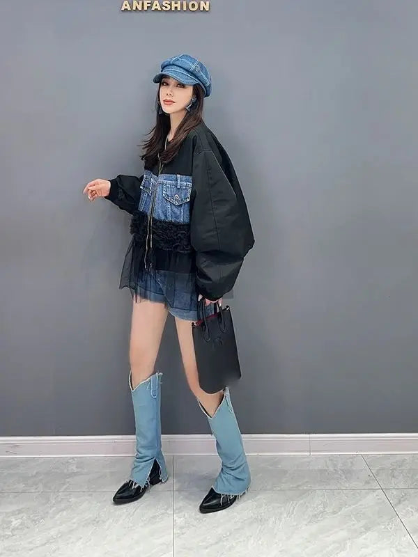 Women Mesh Ruffles Spliced Denim Coat Gauze Ruched Patchwork Baseball Suit Jeans Jacket Loose Streetwear Zipper Cardigan Tops