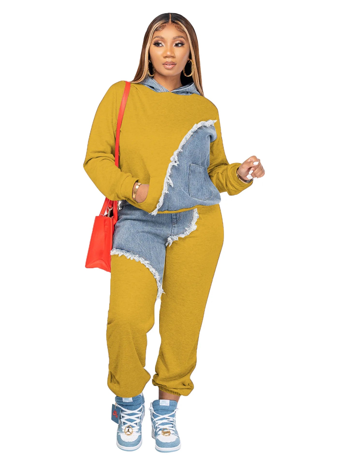 Women Two Piece Sets Tracksuit Autumn Jeans Splicing Hooded Top Sweatshirts Pocket Jogger Pants Suit Loose Female Office Lady