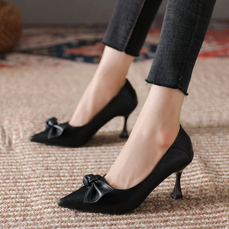 Stilito with Medium Heels Black Shoes for Woman 2024 Bow Women's Summer Footwear Fashion Spring Quick Delivery Chic Point Young