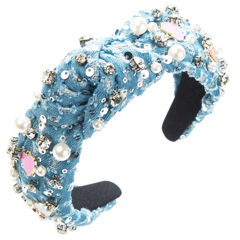 European and American New Denim Headband Hand-Stitched Pearl Rhinestone Crown Colored Loving Heart Knotted Hairband