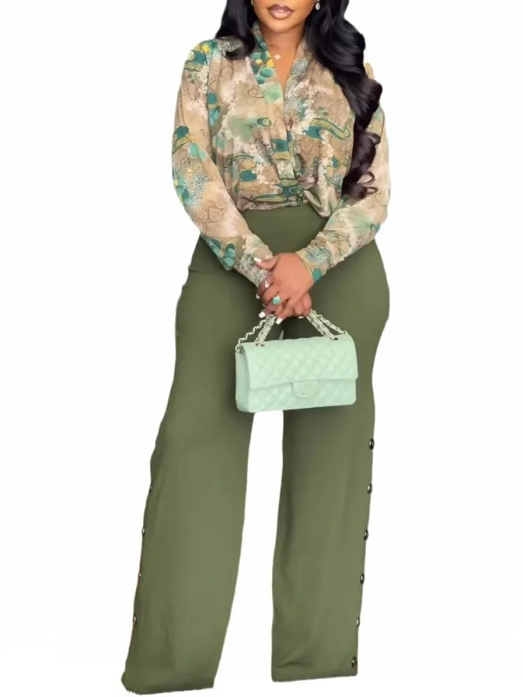 2 Pieces Women's Sets 2025 Spring Autumn Flower Print Shirt Blouse Suit Tops And Pants Suits Two Piece Set Tracksuit Outfit