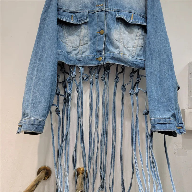 Edgy Cropped Denim Jacket with Macramé Fringe