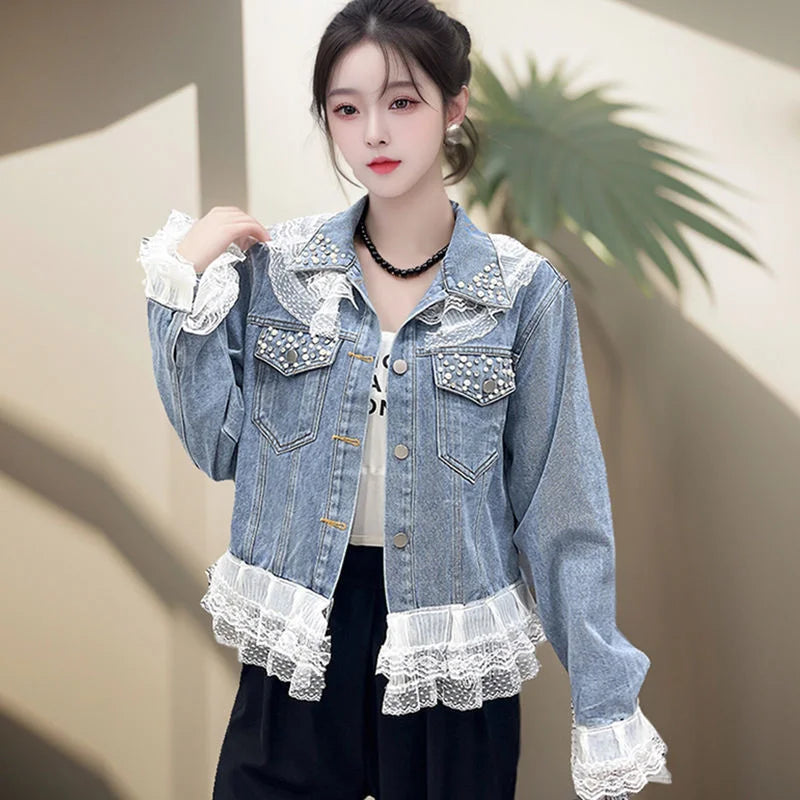 Fashion Design Lace Patchwork Denim Jacket For Women 2025 New Spring Autumn Large Size Casual Jeans Coat Outerwear Top Female