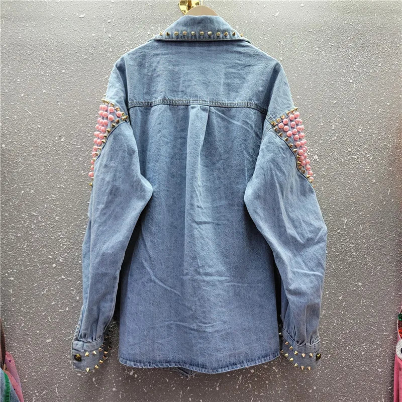 Spring Women Blue Denim Shirt Jacket Rivet Pearl Beaded Heart Pattern Casual Loose Long Sleeve Jeans Jackets Female Streetwear