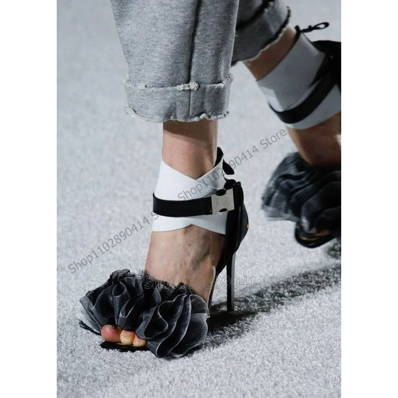 Black Gray Pleated Ruffles Design Open Toe Sandals Ankle Buckle Strap Women Shoes Thin High Heels Novel 2023 Zapatos Para Mujere