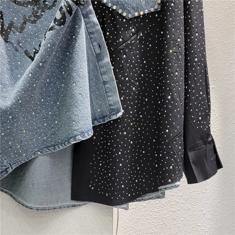 Fashion Colorblock Beaded Rhinestone Stitching Cowboy Black Blouse Women 2024 Spring New Loose Mid-Length Single-Brewed Shirt