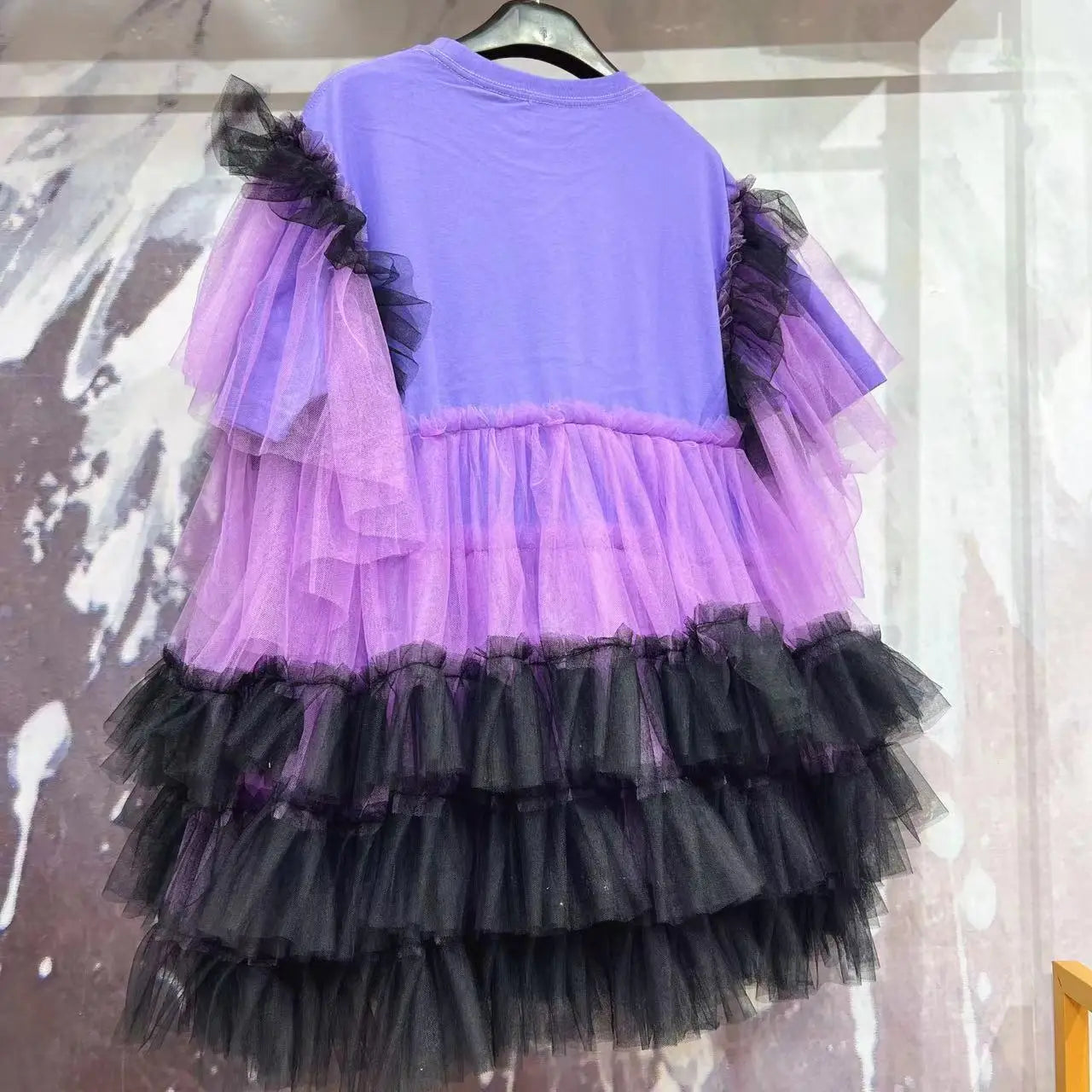 Chic Purple Mesh Ruffles Spliced Short Sleeve T-shirts Contrast Color Gauze Pleated Tees Skirt Splicing Lotus Dress Vestidos