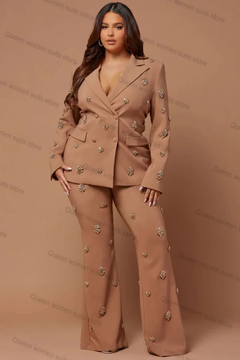 Crystals Khaki Formal Women Suit Set 2 Piece Blazer+Pants Office Business Lady Jacket Coat Customized Prom Wedding Tuxedo Outfit