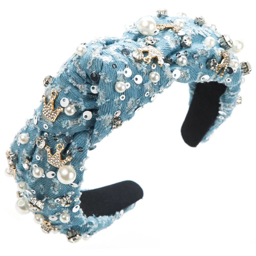 European and American New Denim Headband Hand-Stitched Pearl Rhinestone Crown Colored Loving Heart Knotted Hairband