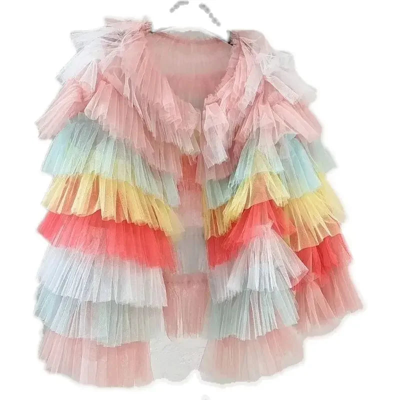 Mesh Patchwork Rainbow Ruffle Jacket – Multi-Layered Ruched Cardigan, Lightweight Spring Cardigan Trendy Stylish Layering Tiered