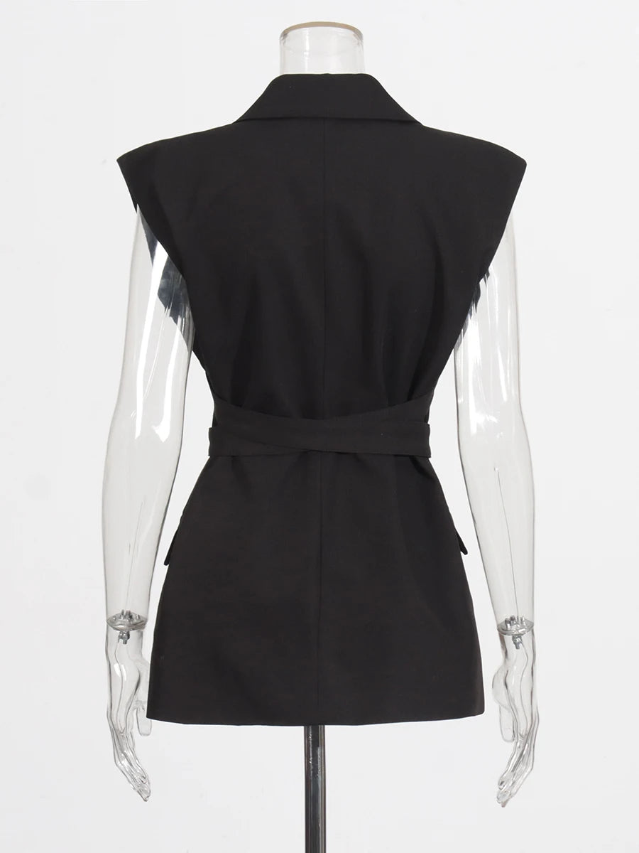 Black Sleeveless Blazer with Cross-Front Detail & Belt