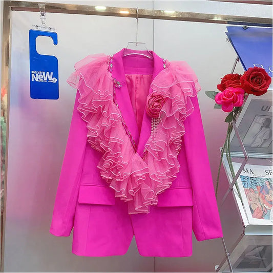 Glamorous Hot Pink Blazer with Ruffled Tulle & Pearl Embellishments