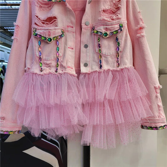 Heavy Work Diamonds Pink Short Holes Denim Jacket Fashion Mesh Stitching Slim Lapel Long Sleeve Spring New Women Jeans Jacket