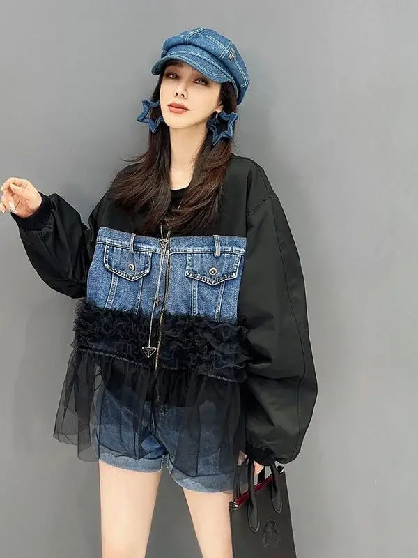 Women Mesh Ruffles Spliced Denim Coat Gauze Ruched Patchwork Baseball Suit Jeans Jacket Loose Streetwear Zipper Cardigan Tops