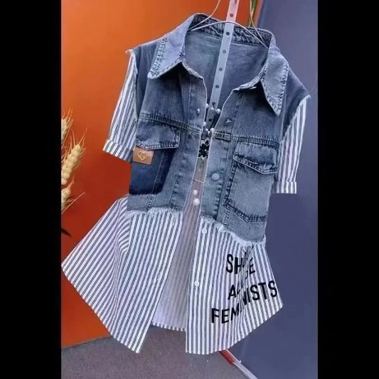 Spring/Summer 2024 New Fashion Striped Fake two Denim Shirts Women's Design Sense Stitching Women Jackets Temperament Coat Top