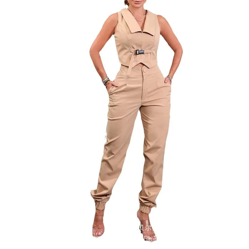 New Annual Khaki Lapel Sleeveless Short Vest Set for Women Two Piece Sets Womens Outifits