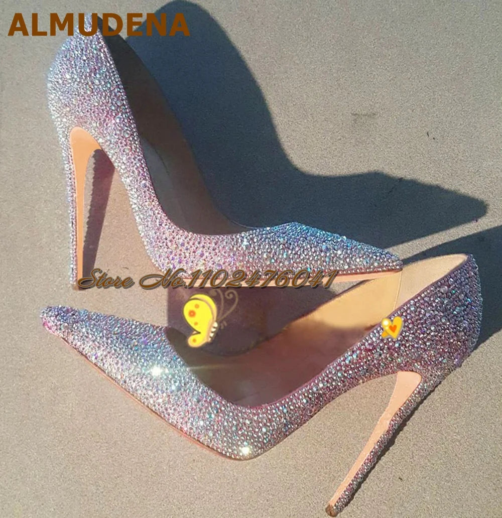 Almudena Silver Gold Full Crystal Bling Bling Wedding Shoes 12cm 10cm 8cm Stilettos Pointed Toe Shallow Pumps Rhinestone Heels