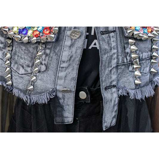 Vintage Mesh Stitching Gray Denim Vest Women Rivet Beaded Diamonds Cowboy Waistcoat Slim Frayed Sleeveless Jeans Jacket Female