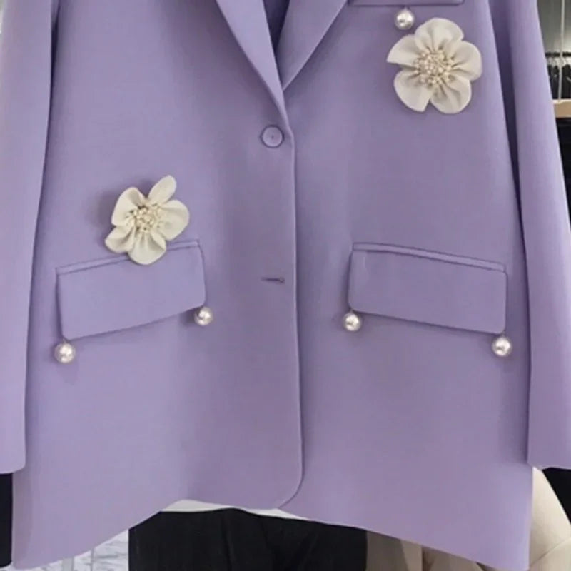 3D Flowers Blazer Mujer Spring Autumn Korean Fashion Sweet Blazers for Women Beading Vintage Ropa De Mujer Elegant