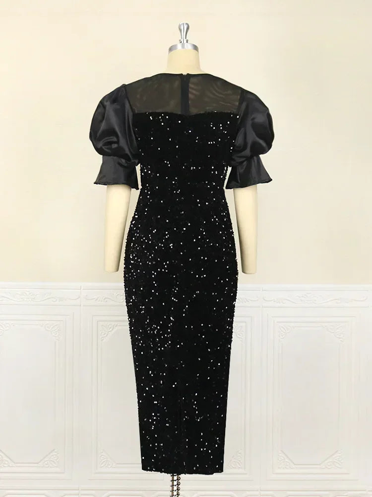 Women Plus Size Dress Sequin Black Embroidery Chest Wrapped Puff Sleeve Sparkly Dress Cocktail Wedding Guest Classy Party Dress