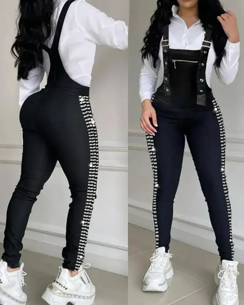 Summer Rhinestone Decor Buckled Suspender Jumpsuit 2024 Women Long Jumpsuits Elegant New Fashion Woman Casual Daily Clothing