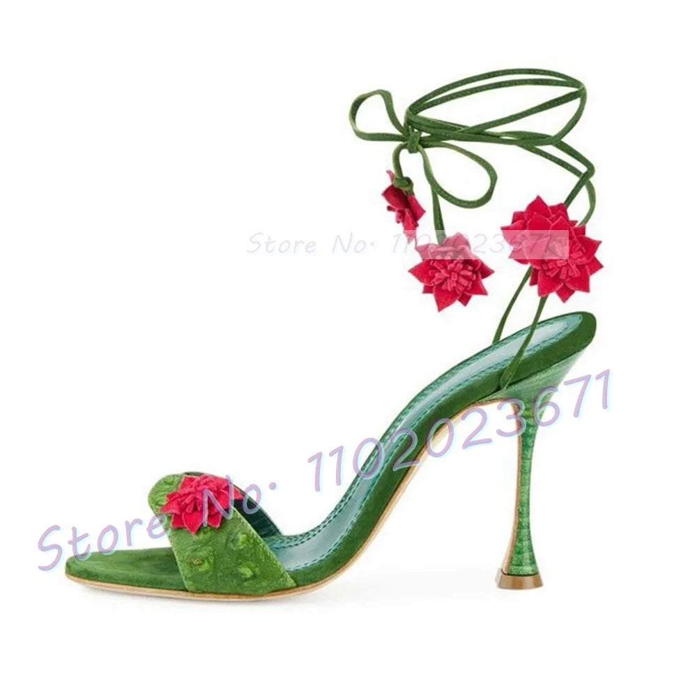 Red Flowers Lace-up Green Sandals Women Colorful Wine Glass Heels Luxury Sandals Forest Series Summer Chic Party Open Toe Shoes