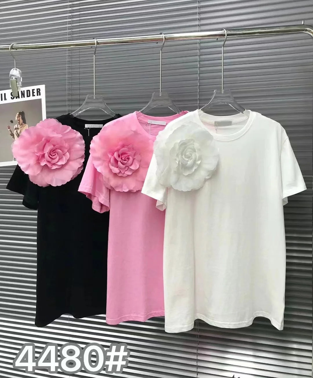 2024 Summer New In Cotton Tshirt Fashion Chic 3D Flower Short Sleeved T-shirt Women's Casual Tee Tops