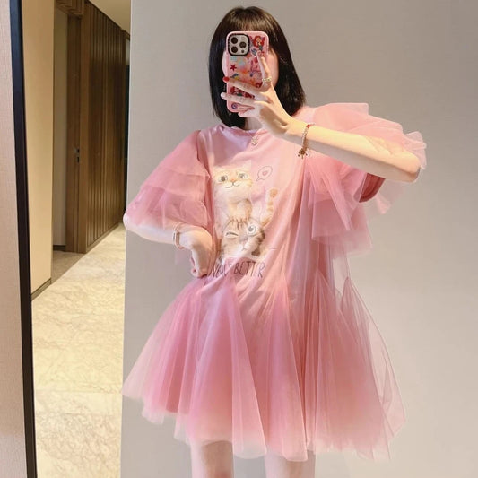 Luxury Cartoon Printed Pink Mesh Spliced Tees Dress Gauze Ruched Irregular T-shirts Dress Jumpers Short Flare Sleeve Crop Tops