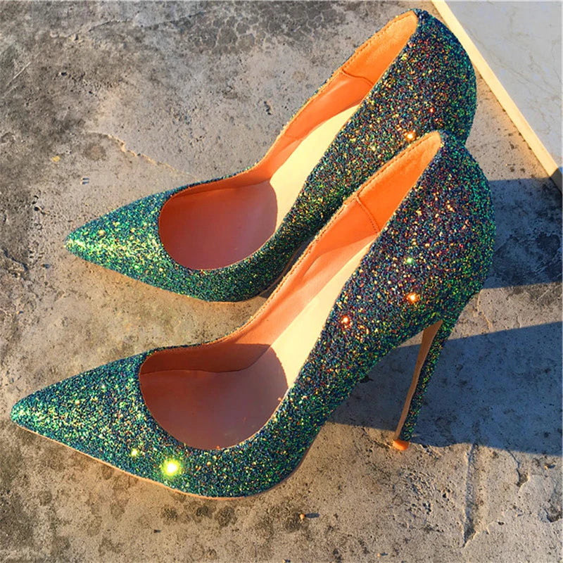 Tikicup Green Shiny Sequins Women Pointy Toe High Heels Slip On Stiletto Pumps for Elegant Ladies Chic Wedding Party Dress Shoes