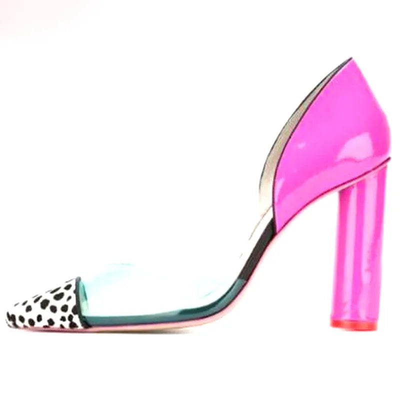 Hot Leopard Transparent PVC Patchwork Pumps Woman Rose Red Cover Heels Pointed Polka Dot Toe Chunky Heels Fashion Party Shoes