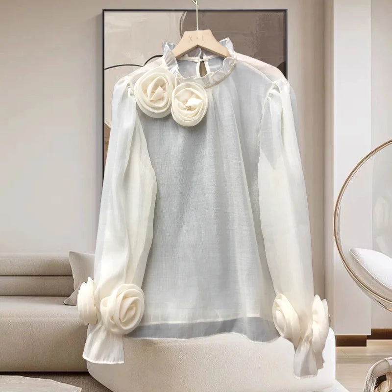 EWQ Three-dimensional Flower Stand Solid Color Chic Design Sweet Style And Youth Woman Blouses Spring Summer 2024 New 17G5206