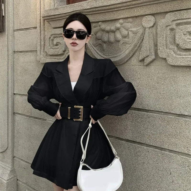 2025 Summer Women Suit Coat Blazers New Mesh Splicing Long Sleeve Loose Strap Thin Internet Celebrity Street Explosion Suit