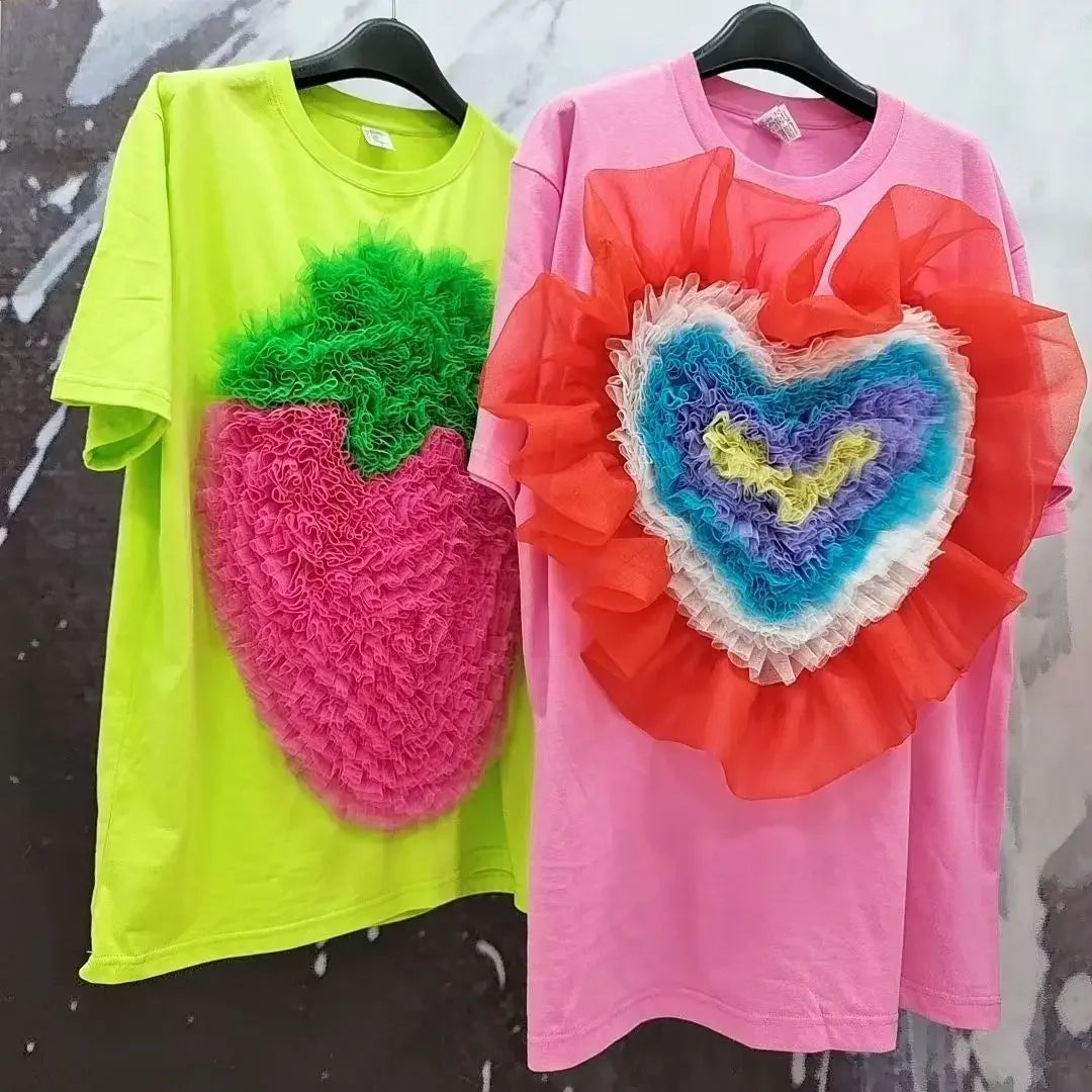 Chic Summer Woman Mesh Splicing Ruffles Strawberry Green T-Shirts Heart Shaped Gauze Ruched Short Sleeved Tees Jumpers Crop Tops