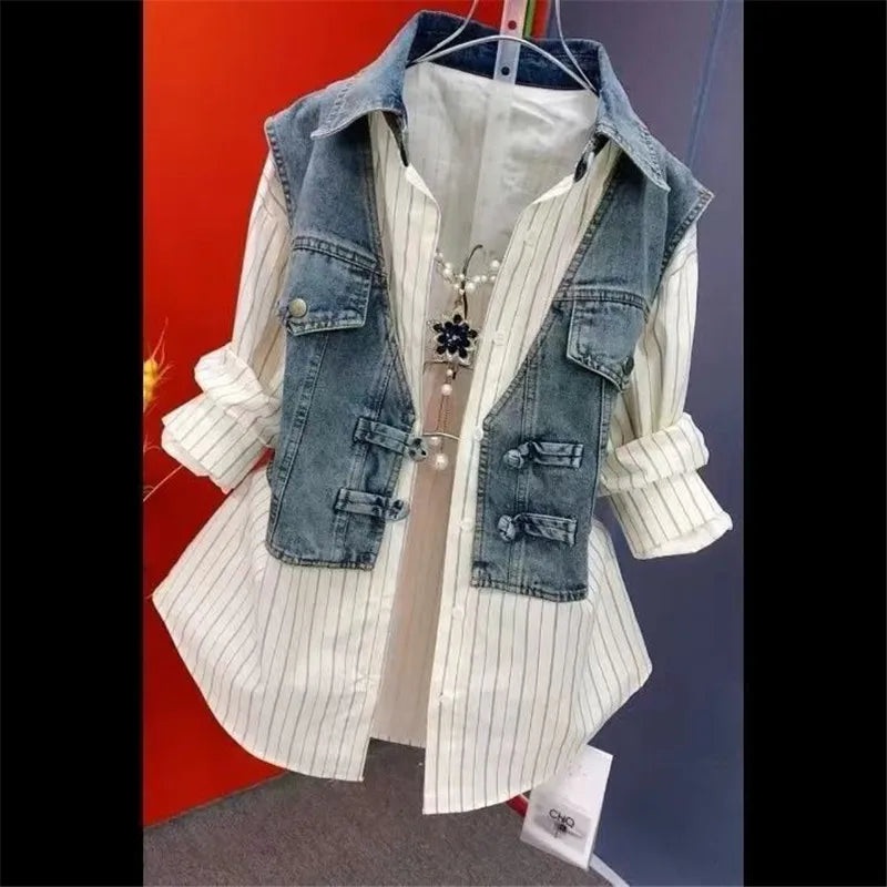 Chic Layered Denim Vest & White Blouse Set – Trendy Contrast Look