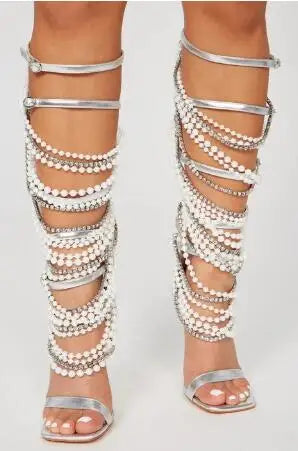 Sliver Leather Crystal Rhinestone White Pearl Chain Cross Strap Gladiator Cuts Out Thin Heels Knee High Sandals Boots Women