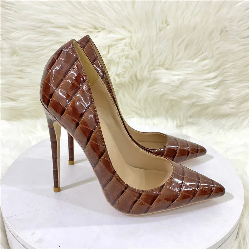 Party Women Pumps PU 12CM Stiletto 2022 New Orange Serpentine Pointed Shallow Mouth Roman Single Shoe Woman Shoe Brown