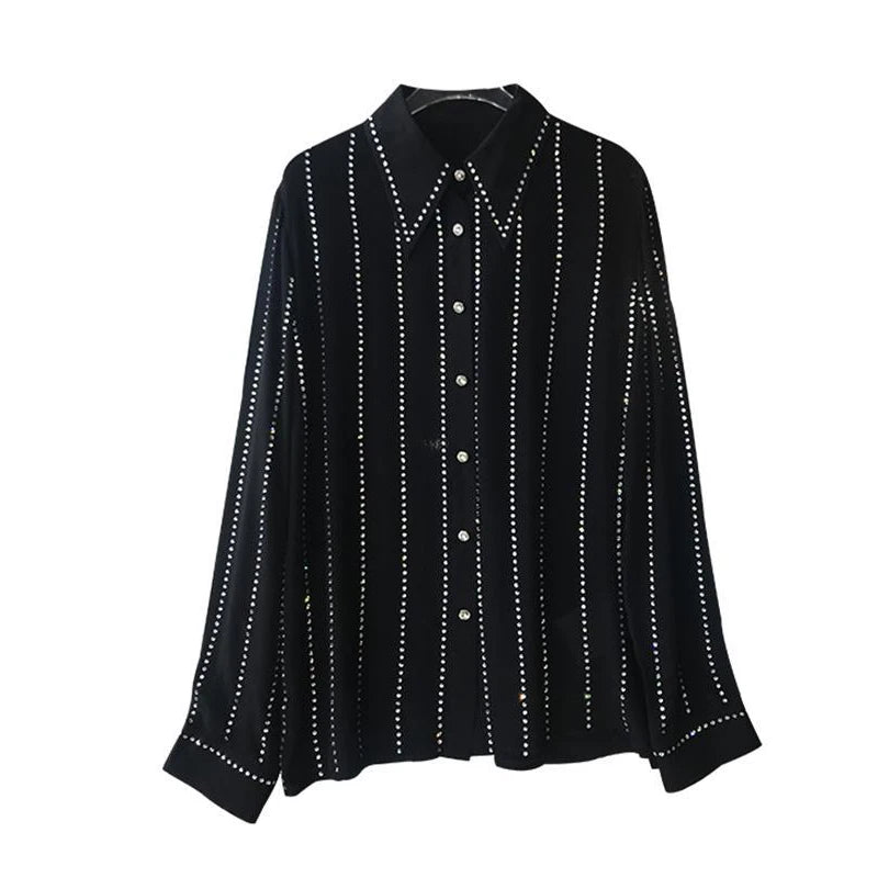 Luxury Women Fall Beaded Striped Shirts Retro Diamonds Blouse Sequned OL Cardigan Blusas Mujer Long-sleeved Loose Crop Tops