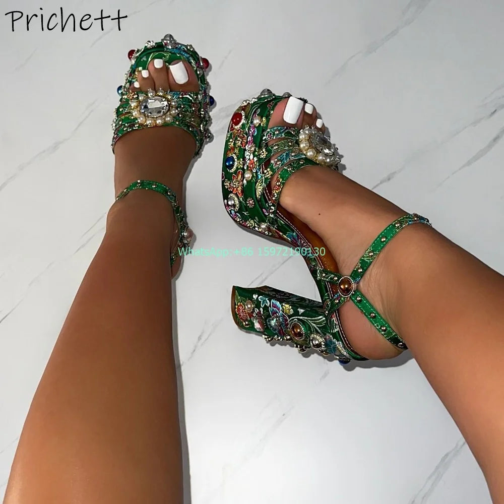 Retro Gorgeous Palace Style Sandals Rhinestone Pearl Flower Round Toe Chunky Heels Platform Shoes Ladies Vocation Luxury Shoes