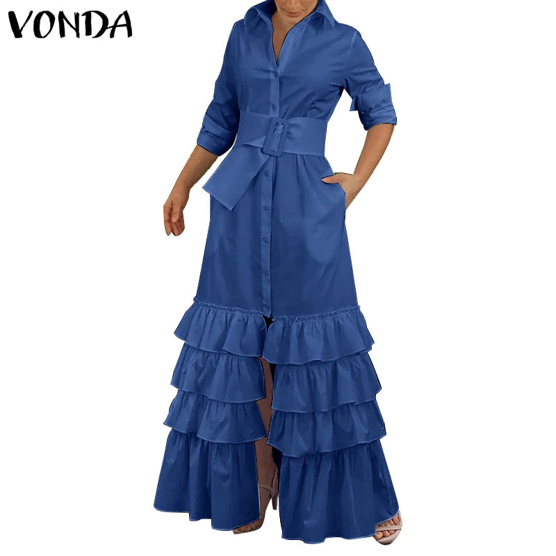 VONDA Autumn Elegant Shirt Dress 2023 Women Party Maxi Dresses Ladies Long Sleeve Solid Lapel Button Belted Elegant Long Vestido