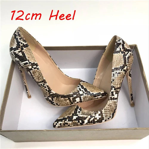 Brown Snake Print 12cm Extreme High Heel Pointed Toe Women Pumps Valentine Stiletto Woman Shoes Party Evening YG027 ROVICIYA