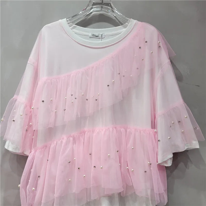 Women Diamonds Beaded Splicing Mesh Ruffles Fake Two Piece T-shirts Gauze Patchwork Pleated Pearls Beaded Tees Jumper Crop Tops