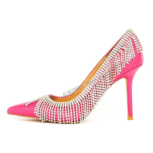 Fuchsia Tassel Pointed Toe Stiletto Heel Pumps Rhinestone Shallow Slip On Fashion 2024 Spring Women Dress Pumps Thin Heel