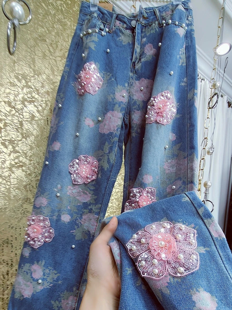 Luxury Handmade Beaded Pearls Beaded Sequins 3D Floral Embroidery Full Body Pink Flowers Denim Pants Wide Legs Jeans Trousers