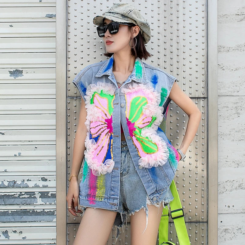 Fashion Mesh Sequin Flower Hand Painted Graffiti Print Women Short Jean Vest Autumn Casual Streetwear Sleeveless Denim Waistcoat