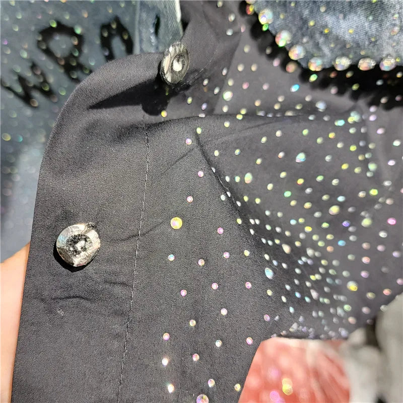 Fashion Colorblock Beaded Rhinestone Stitching Cowboy Black Blouse Women 2024 Spring New Loose Mid-Length Single-Brewed Shirt