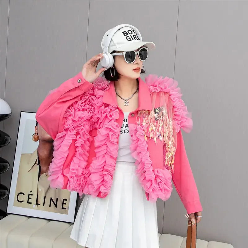 Women Mesh Spliced Ruffles Sequined Tassels Demin Denim Coat Spring Autumn Mesh Pleated Fringed Bomber Jacket Bf Streetwear Tops