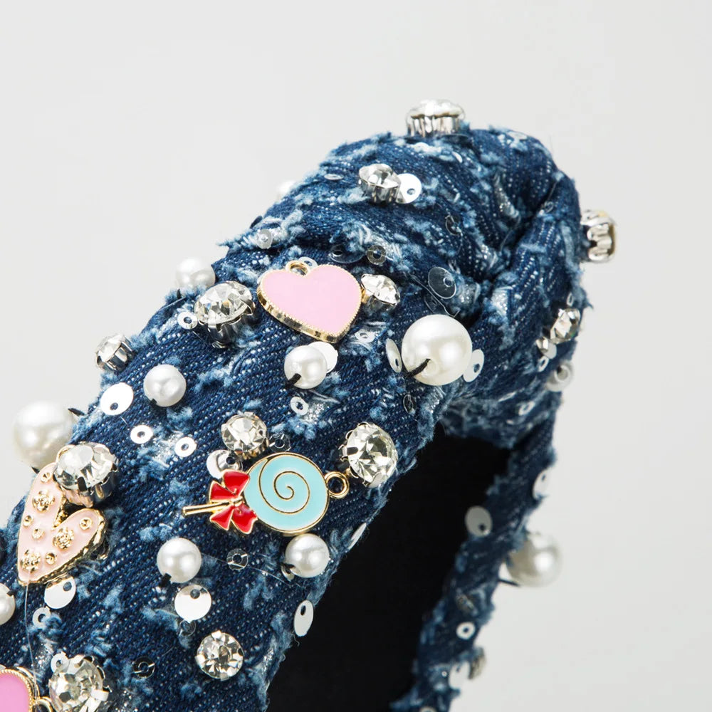 European and American New Denim Headband Hand-Stitched Pearl Rhinestone Crown Colored Loving Heart Knotted Hairband