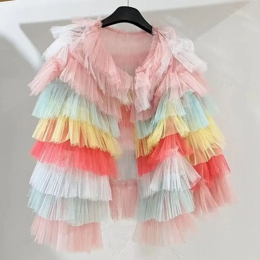 Mesh Patchwork Rainbow Ruffle Jacket – Multi-Layered Ruched Cardigan, Lightweight Spring Cardigan Trendy Stylish Layering Tiered